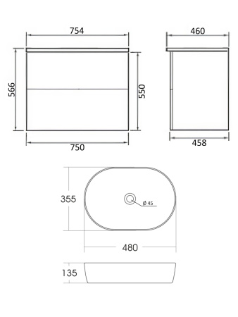 Тумба с раковиной подвесная 75 см, Orange Otto Ot-75TuMDF+B05-480W белый глянец